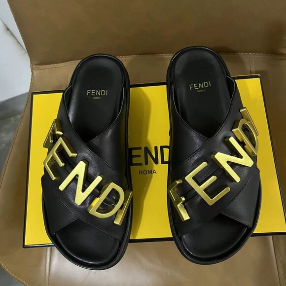 Fendi Black and Gold Women's Slide Sandals - Picture 1 of 4